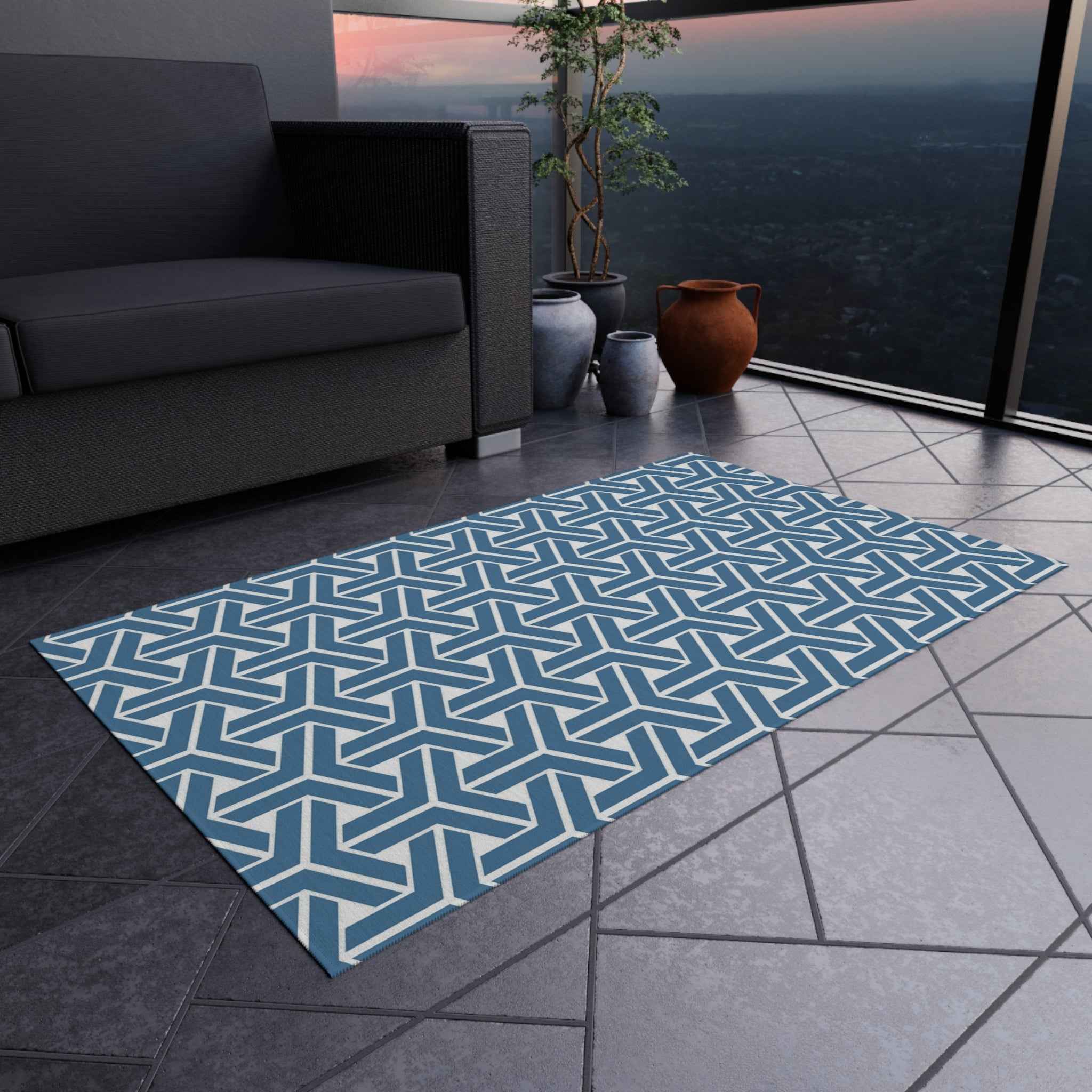 Modern Optical Illusion Geometric Rugs for Living Room & Patio | Blue and White 3D Pattern Rug - SnugLiving