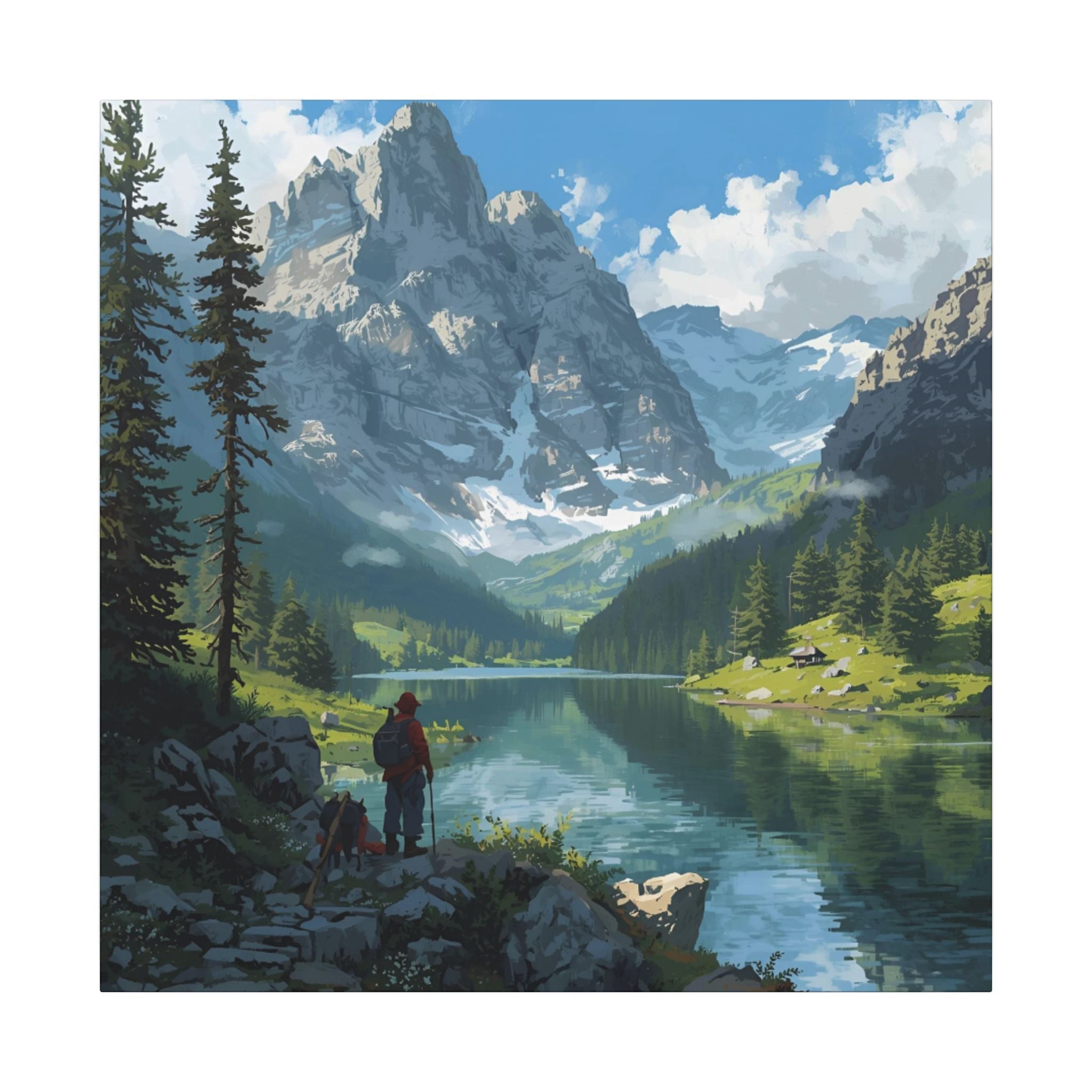 Watercolor House Canvas Art Print for Home Decor: Mountain Lake Adventure Canvas Wall Art