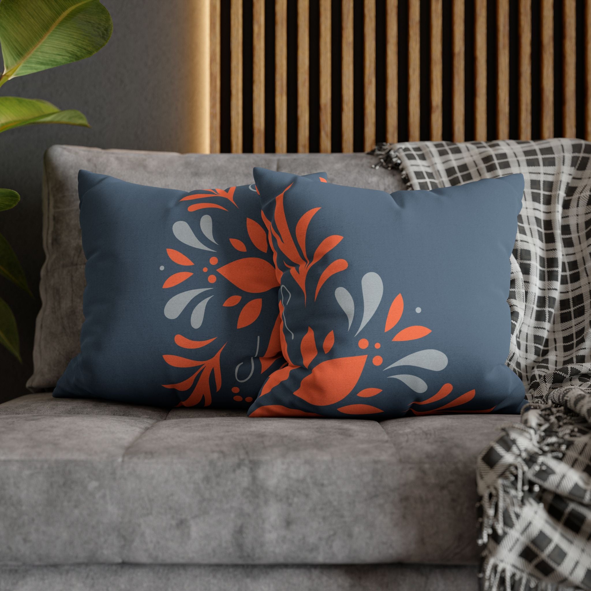 Two Way Cushion Cover, Throw pillow Case for Couch (Single Piece) : Dark Azure & Orange