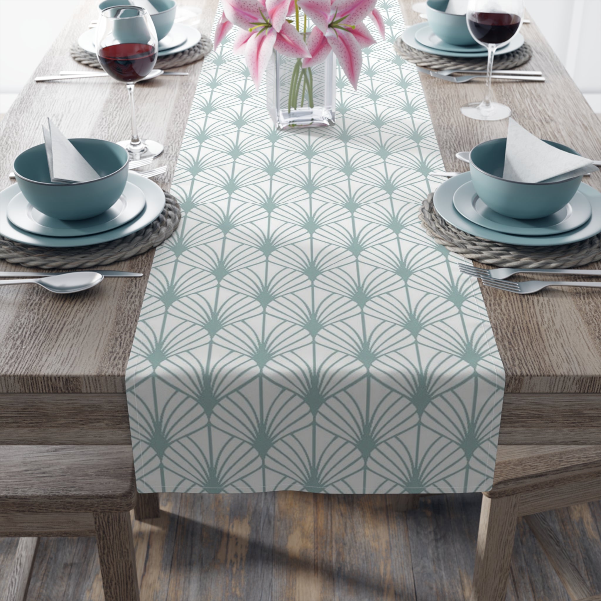 Art Deco Mint Fan Table Runner – Elegant Modern Table Accent - SnugLiving