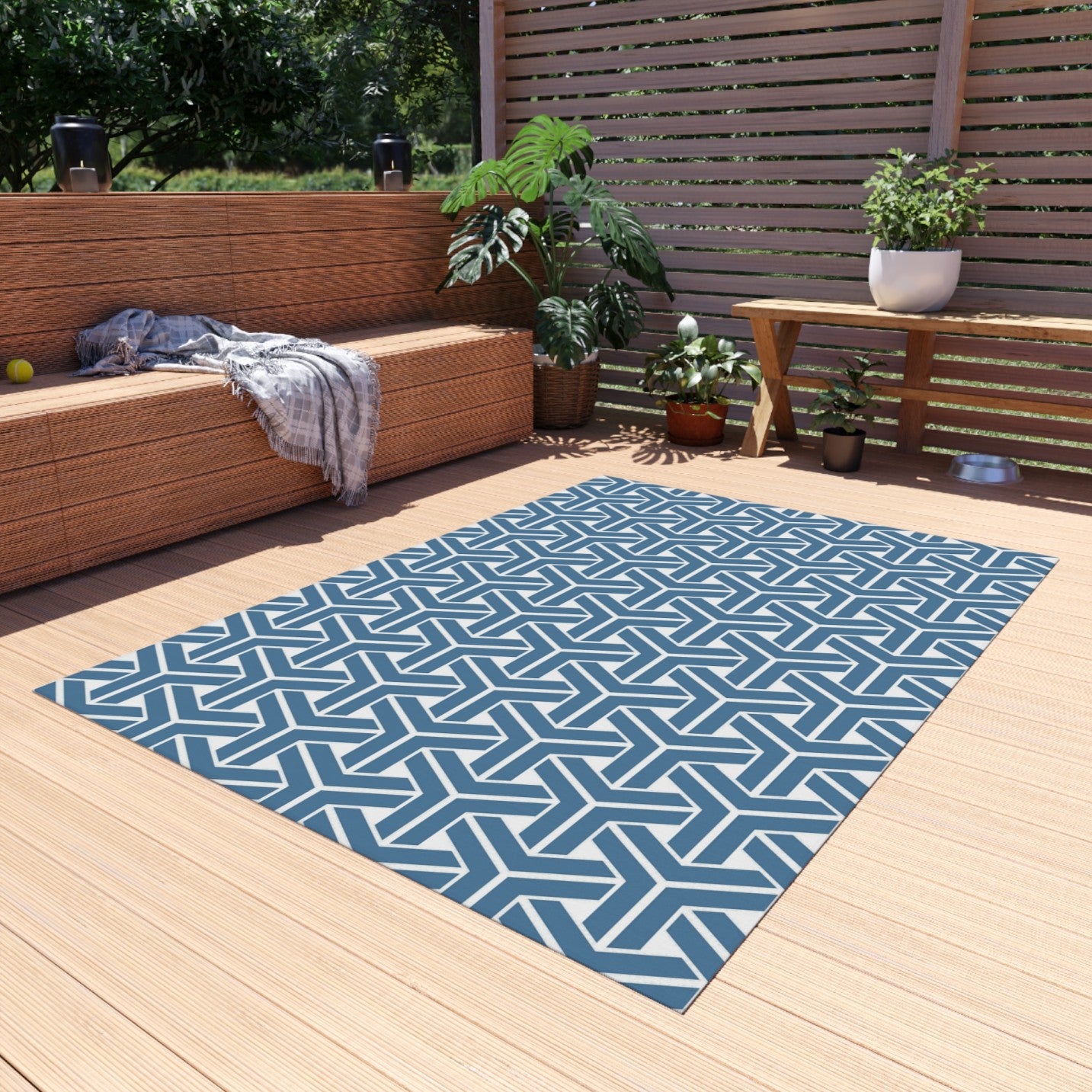 Modern Optical Illusion Geometric Rugs for Living Room & Patio | Blue and White 3D Pattern Rug