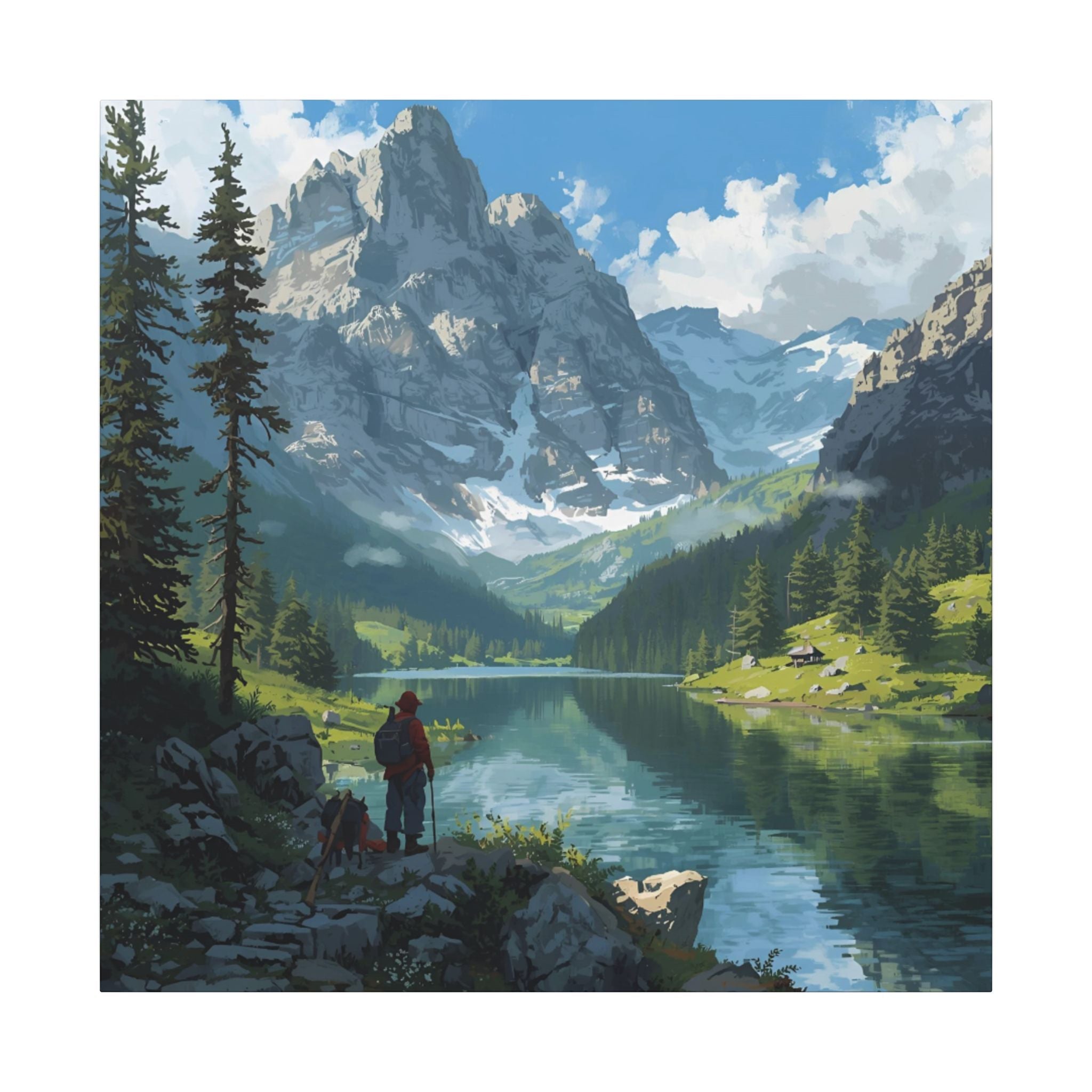 Watercolor House Canvas Art Print for Home Decor: Mountain Lake Adventure Canvas Wall Art