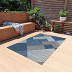 Textured Chevron & Square Pattern Rugs for Living Room & Patio | Blue & Grey Modern Area Rug