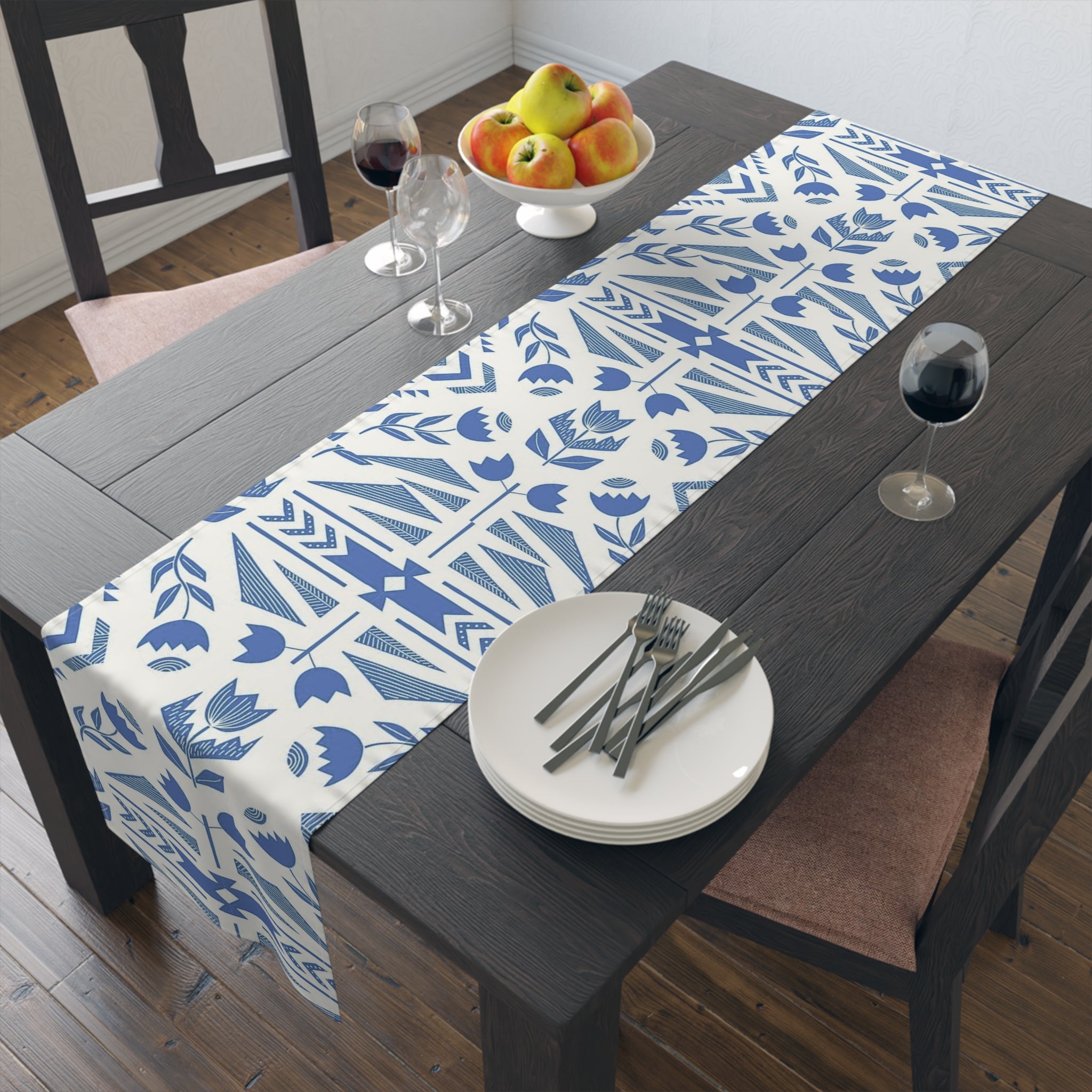 Blue Floral Folk Table Runner – Traditional Modern Fusion Dining Accent - SnugLiving