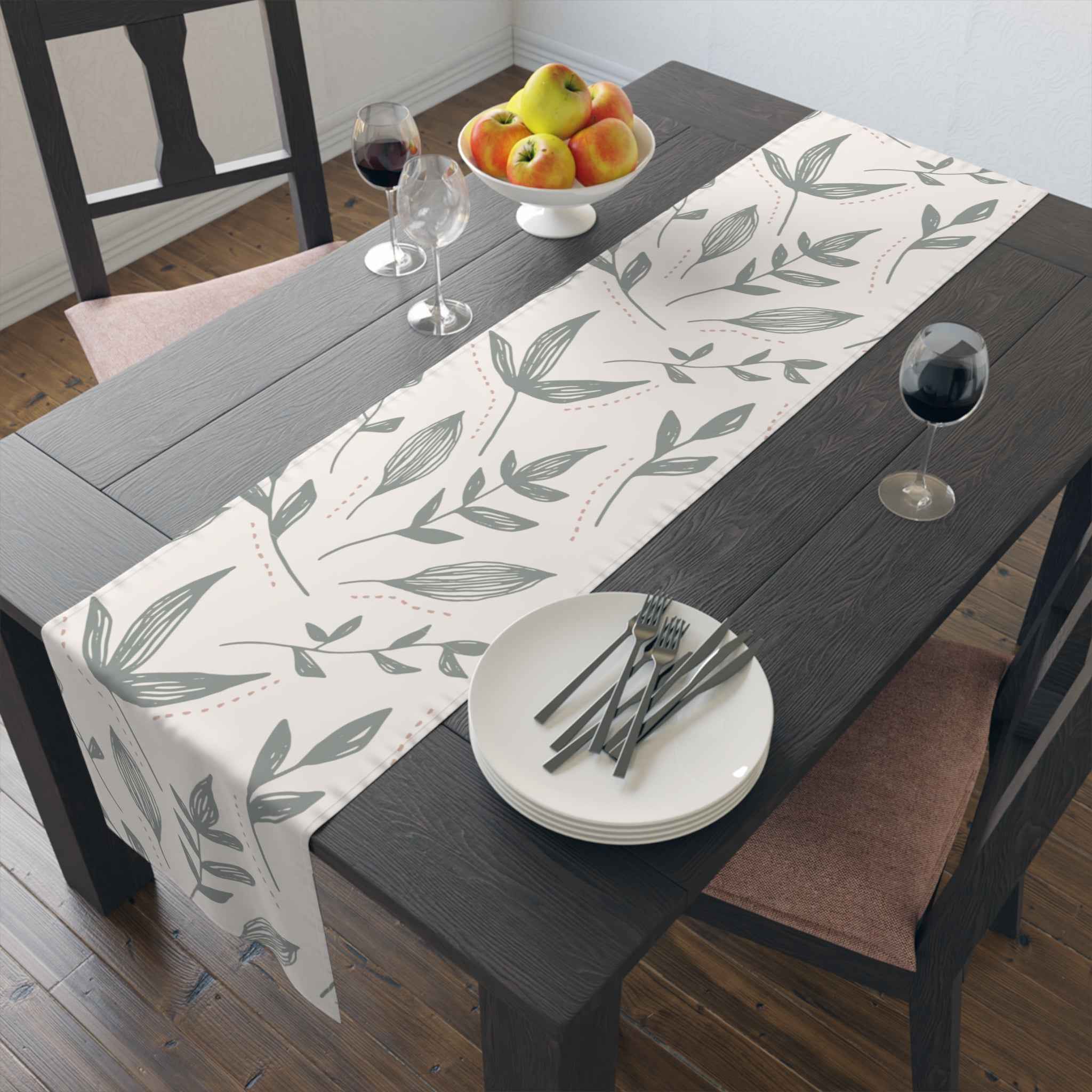 Hand-Drawn Leafy Green Table Runner – Modern Botanical Table Accent - SnugLiving