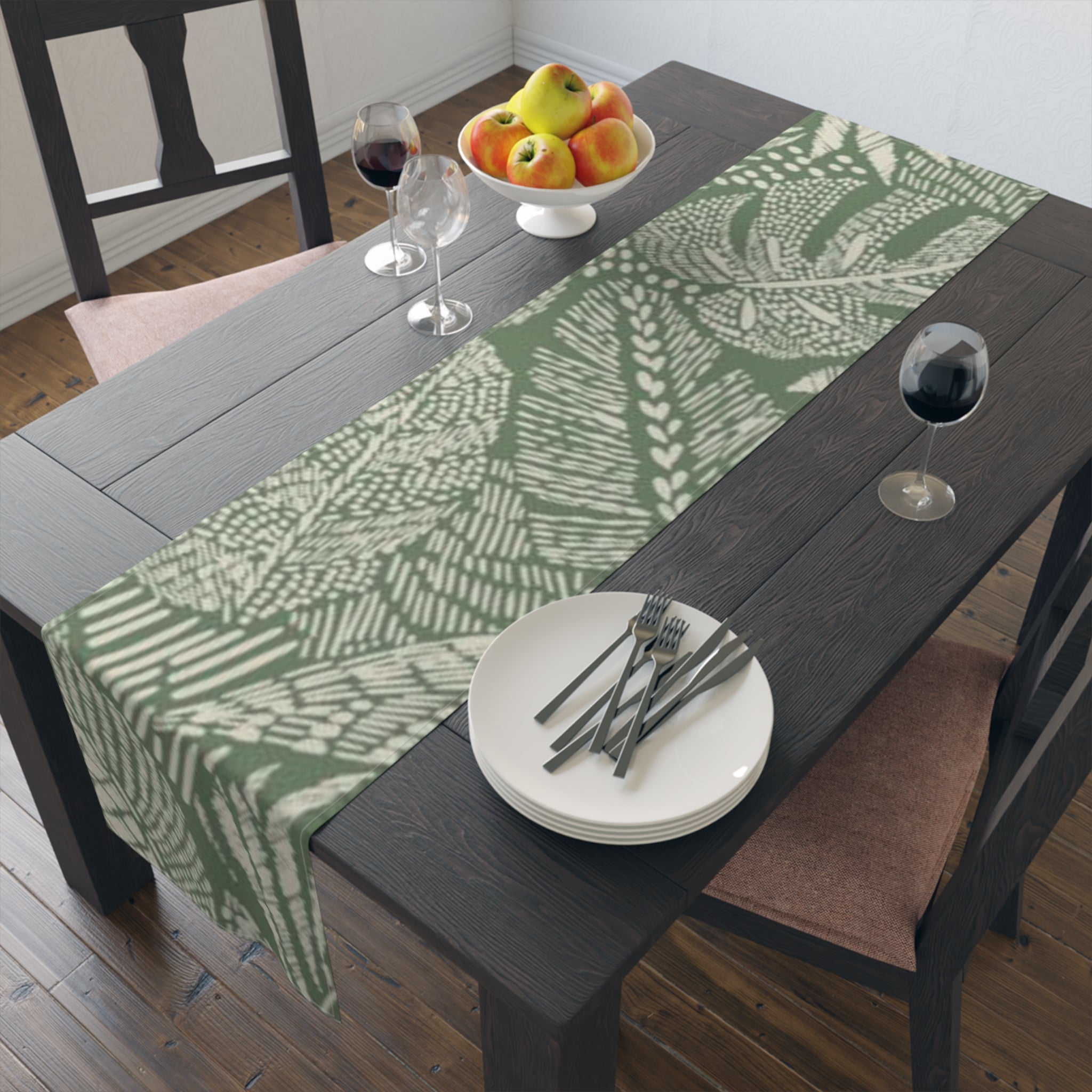 Sage Green Botanical Pattern Table Runner – Artistic Leaf Dining Accessory - SnugLiving