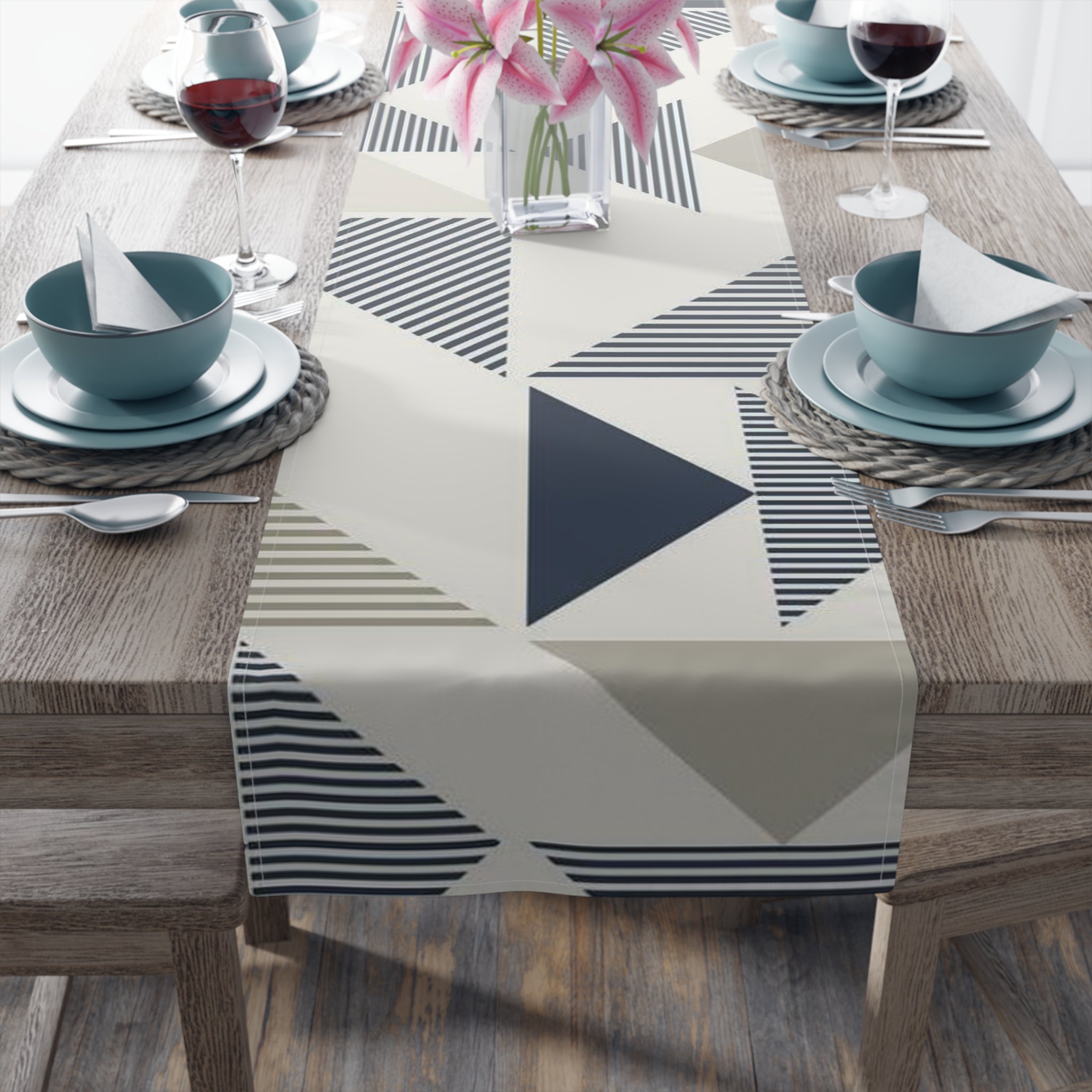 Beige & Navy Geometric Triangle Table Runner – Modern Art-Inspired Dining Accessory - SnugLiving