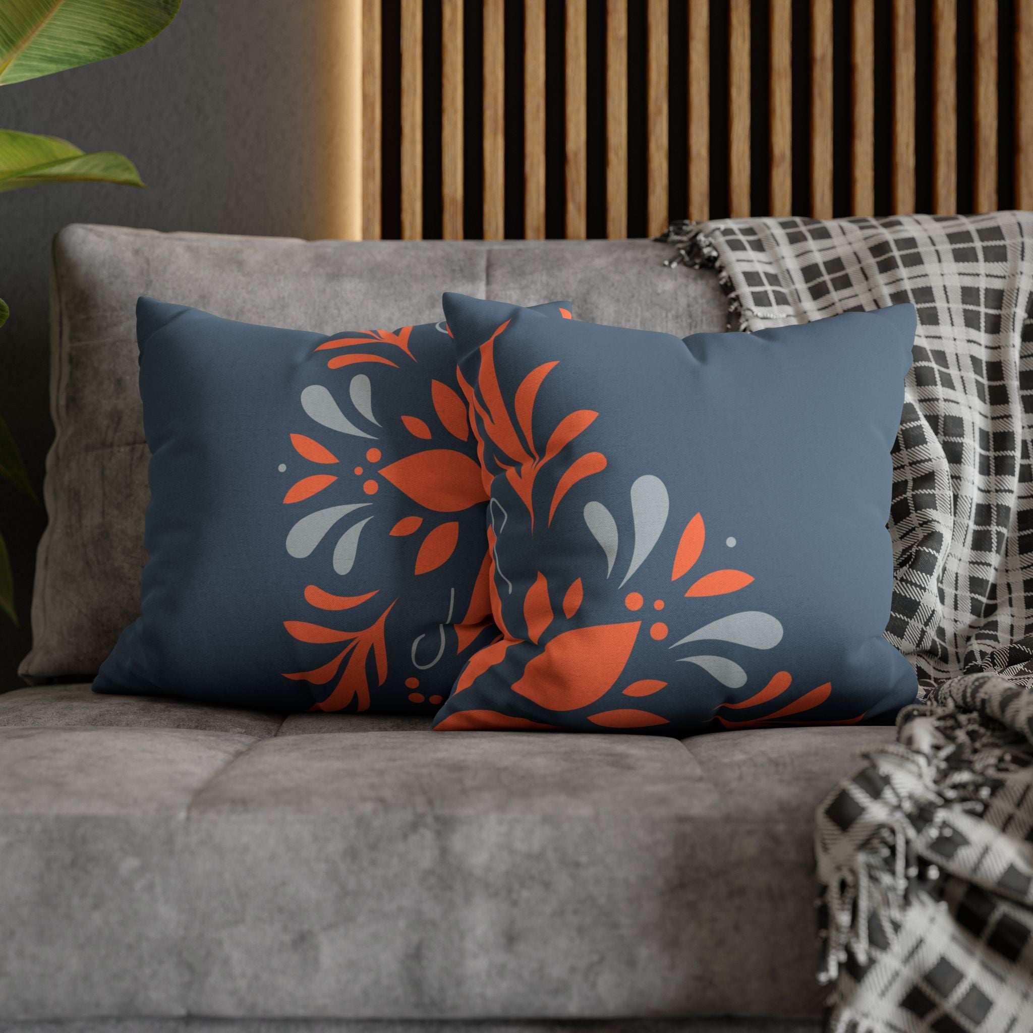 Two Way Cushion Cover, Throw pillow Case for Couch (Single Piece) : Dark Azure & Orange