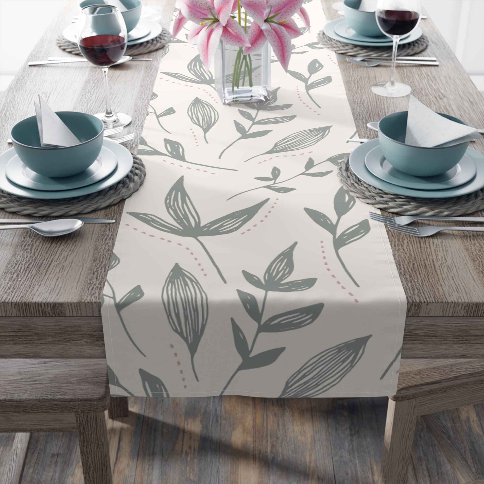 Hand-Drawn Leafy Green Table Runner – Modern Botanical Table Accent - SnugLiving