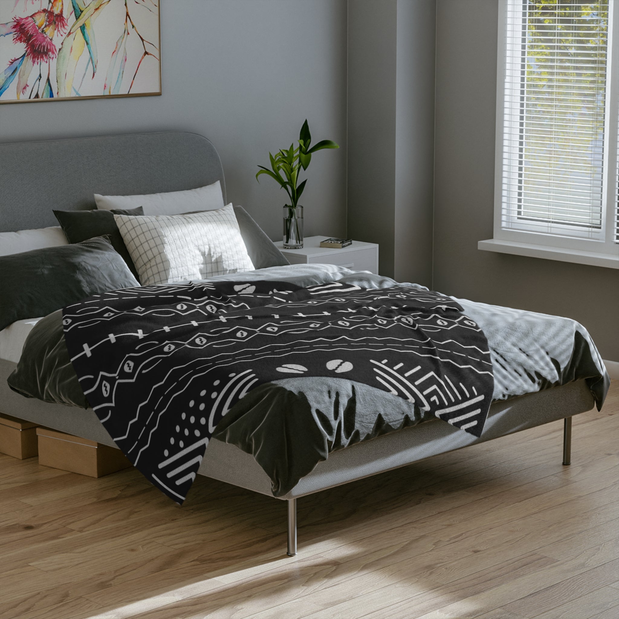 Microfiber Blanket | Soft Throw for Home Decor - Black Mudcloth Motif - SnugLiving