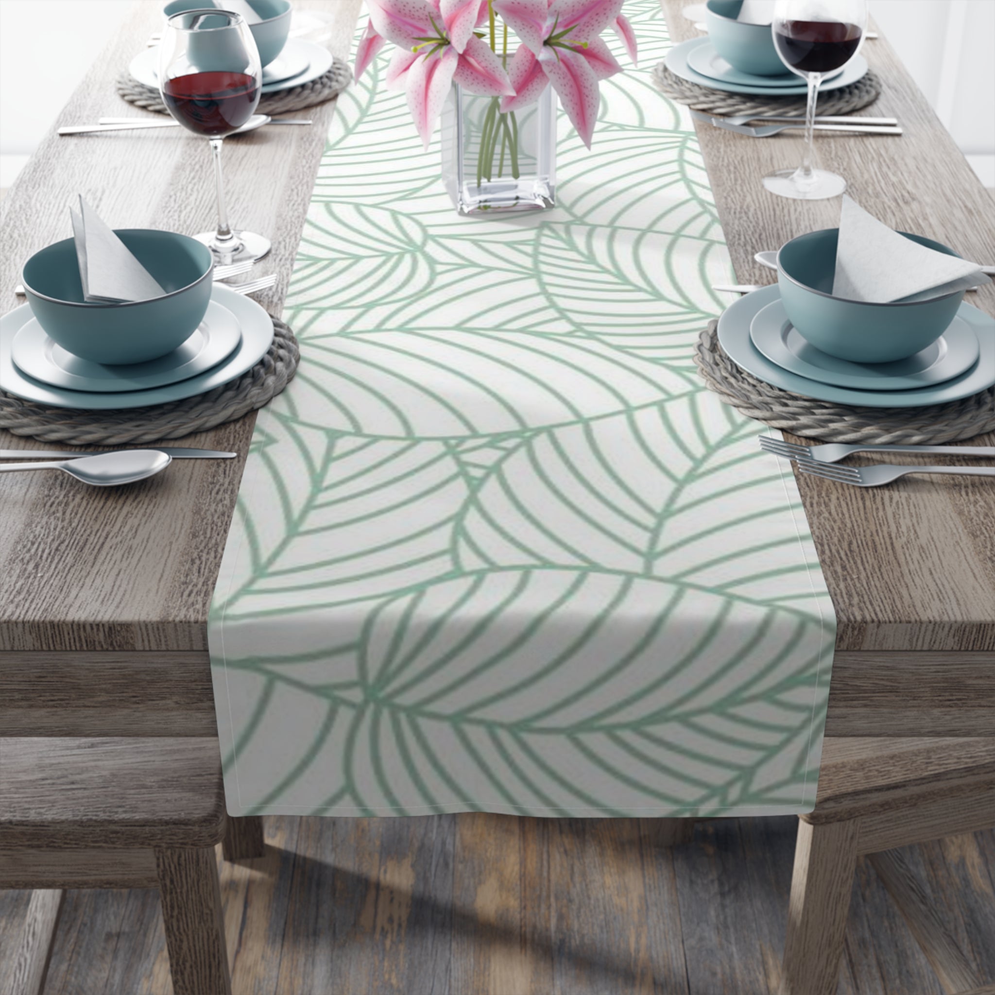 Minimalist White Leaf Outline Table Runner – Light Modern Dining Table Accent - SnugLiving