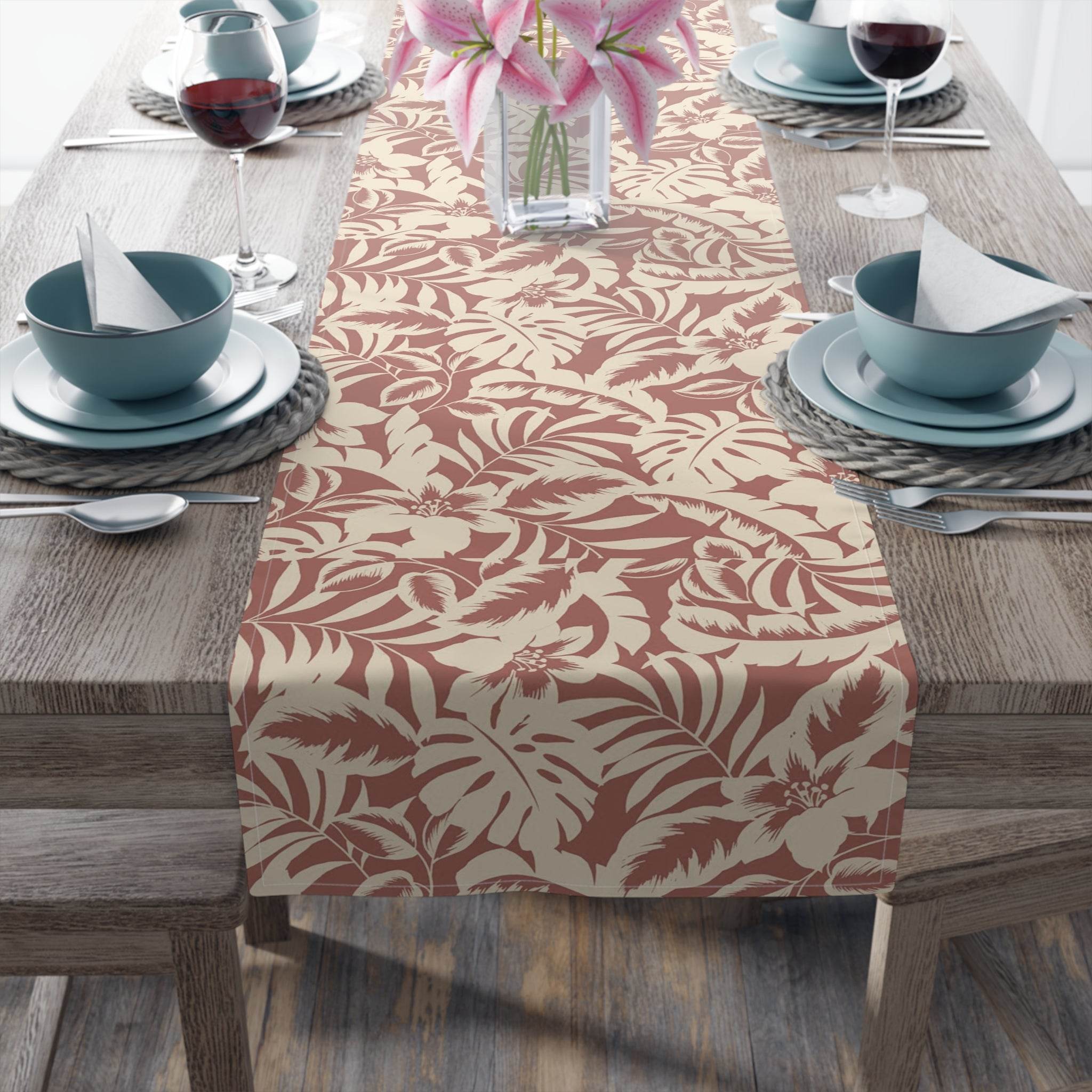 Bold Hawaiian Tropical Table Runner – Red & Cream Jungle Floral Accent - SnugLiving